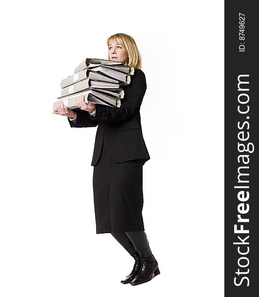 Woman carrying  folders towards white background. Woman carrying  folders towards white background