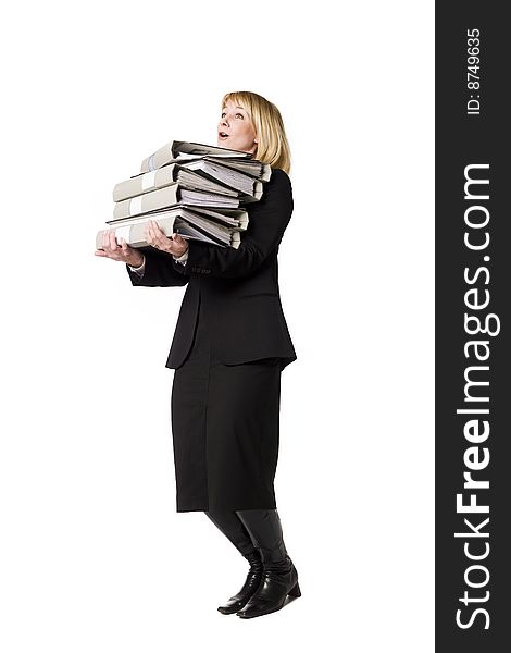 Woman overloaded with work towards white background. Woman overloaded with work towards white background