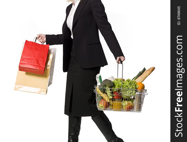 Shopping woman towards white background