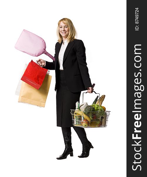 Shopping woman towards white background