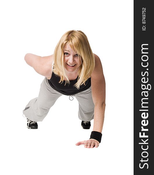 Woman doing push ups on one arm