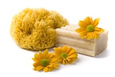 Natural Sponge, Soap And Flowers Stock Photo Natural Sponge, Soap And Flowers Stock Photo