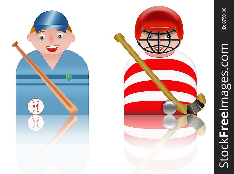 People icons sport - baseball and hockey. white background and reflection. People icons sport - baseball and hockey. white background and reflection