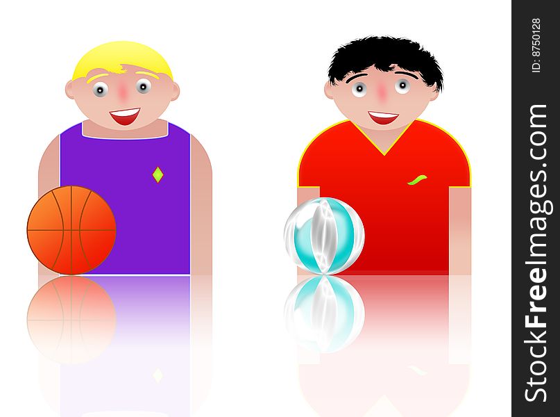 People icons sport - basket and volleyball. white background and reflection. People icons sport - basket and volleyball. white background and reflection