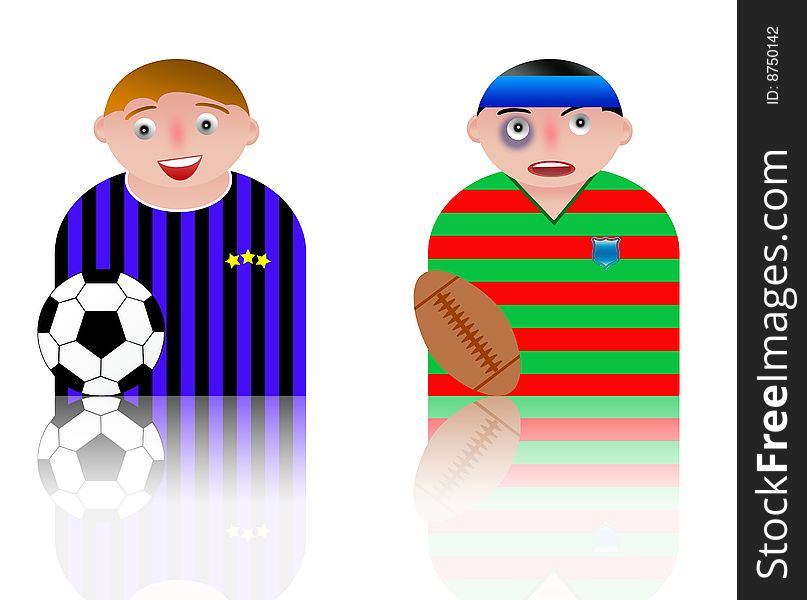 People icons sport - football and rugby. white background and reflection. People icons sport - football and rugby. white background and reflection