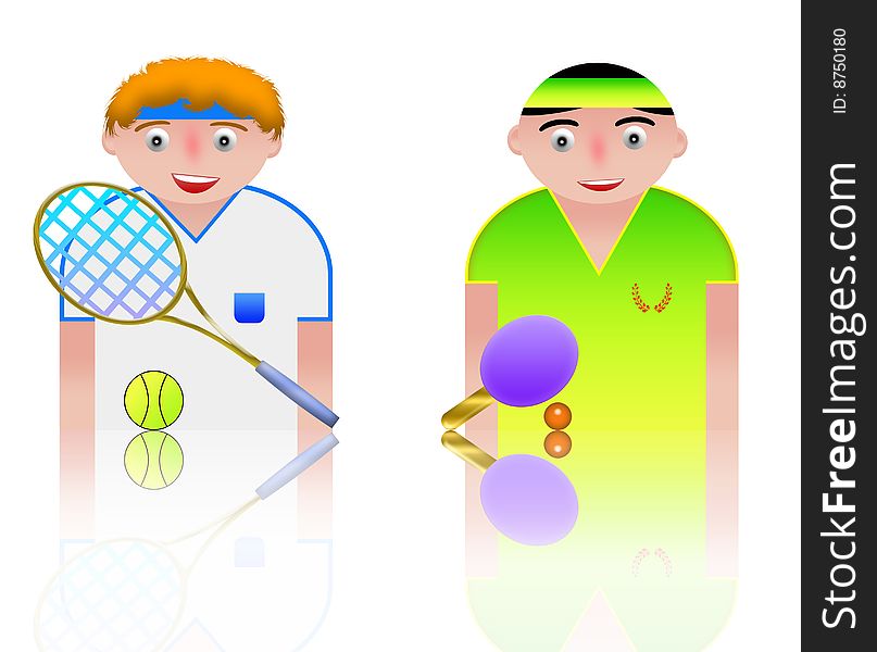 People icons sport - tennis and ping pong. white background and reflection. People icons sport - tennis and ping pong. white background and reflection