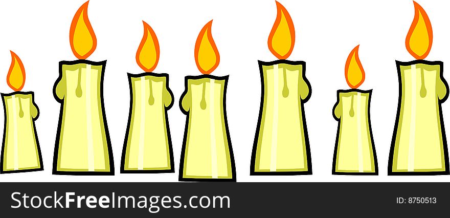 Seven burning candles on table