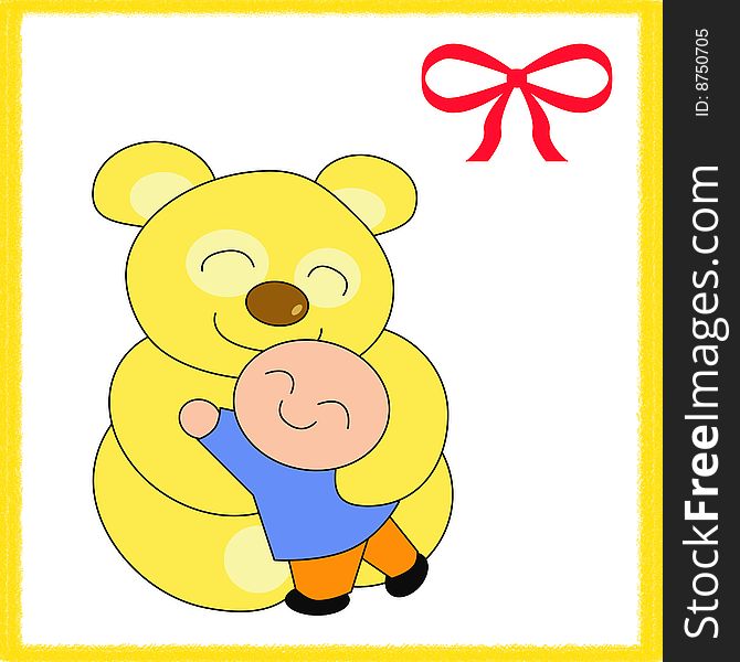 A sweet hug between a little boy and a soft yellow bear. Digital drawing. Coloured Pciture. A sweet hug between a little boy and a soft yellow bear. Digital drawing. Coloured Pciture.