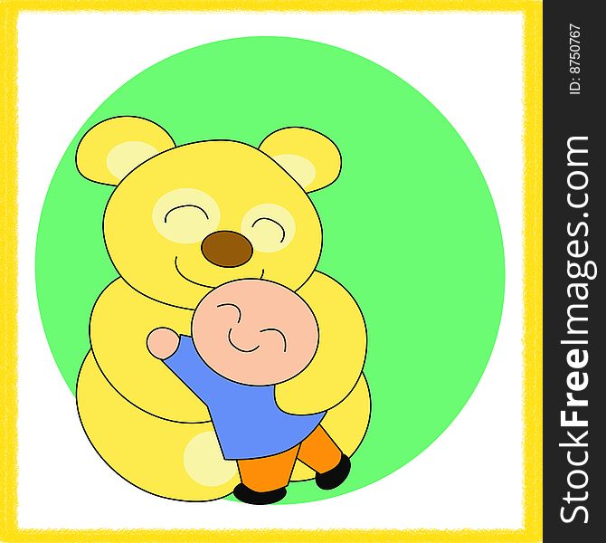 A sweet hug between a little boy and a soft yellow bear. Digital drawing. Coloured Pciture. A sweet hug between a little boy and a soft yellow bear. Digital drawing. Coloured Pciture.