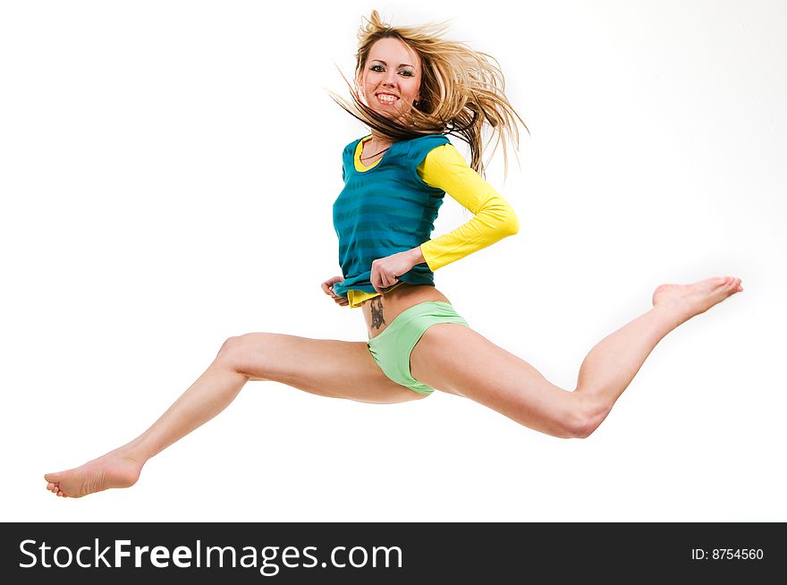 Young attractive blond running over thin air with hair flying