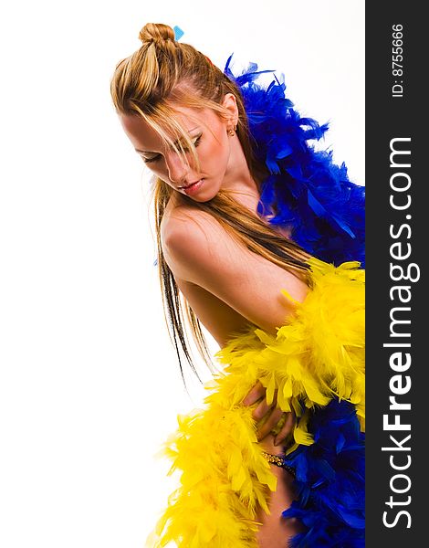 Young woman with blue and yellow feathers scarfs. Young woman with blue and yellow feathers scarfs