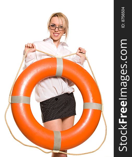 Young beautiful businesswoman with red life buoy