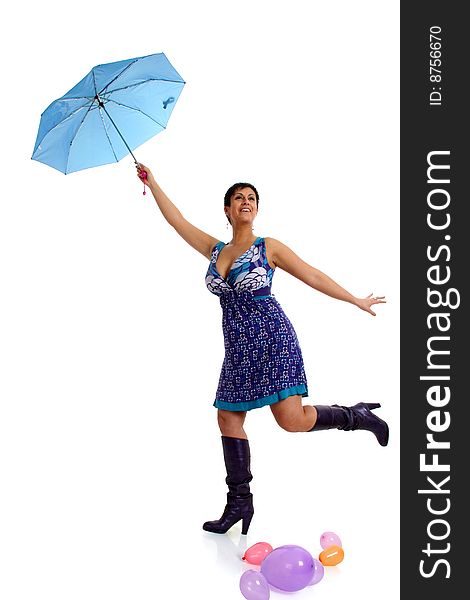 Full body view of woman with blue umbrella in a windy day. Isolated on white background. Full body view of woman with blue umbrella in a windy day. Isolated on white background.