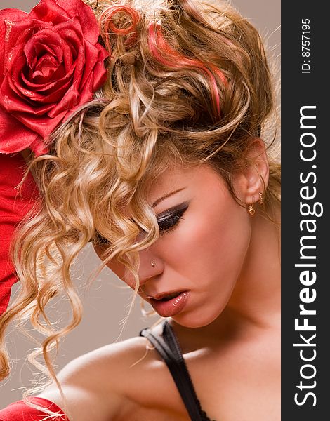 Hispanic style erotic portrait with red rose. Hispanic style erotic portrait with red rose