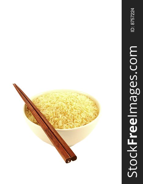 Rice in bowl with chopsticks on white background