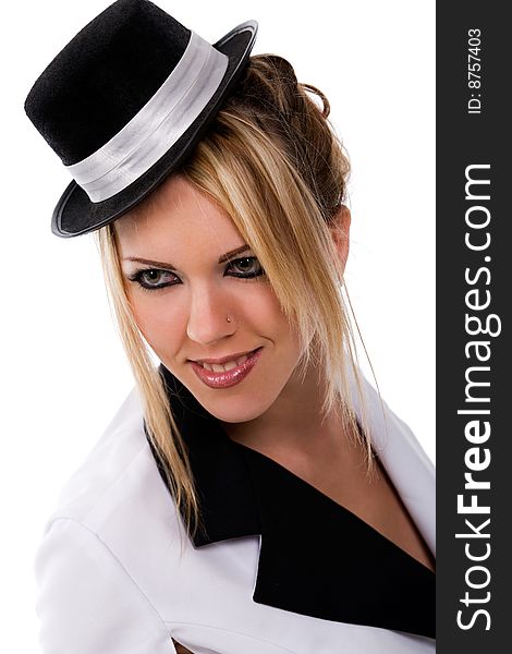 Hot woman with small top hat, isolated. Hot woman with small top hat, isolated