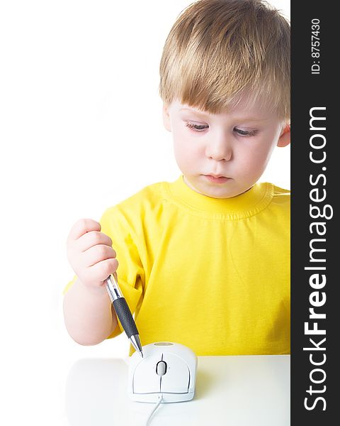 Little boy using a mouse on white background. Little boy using a mouse on white background