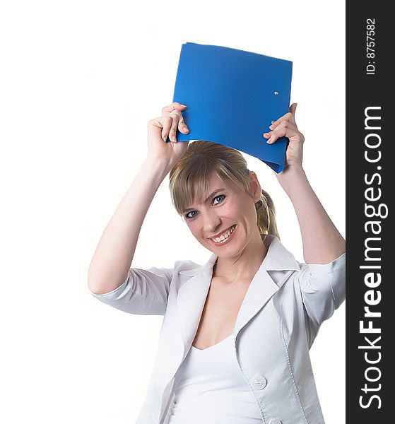 The girl in a white jacket with folders in hands. The girl in a white jacket with folders in hands