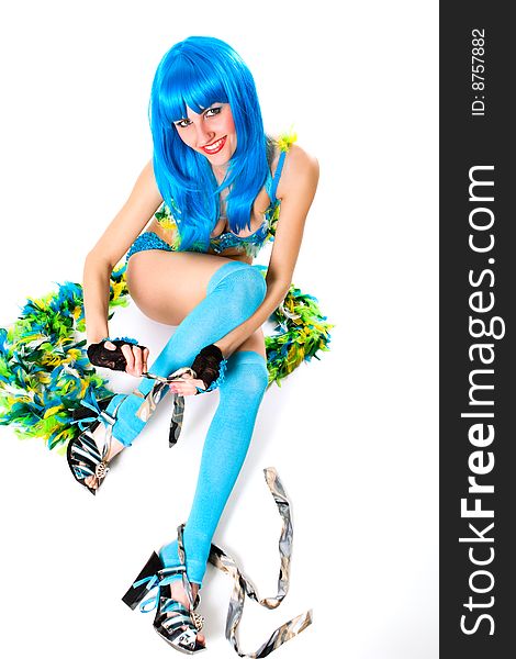 Attractive woman with blue wig over white. Attractive woman with blue wig over white