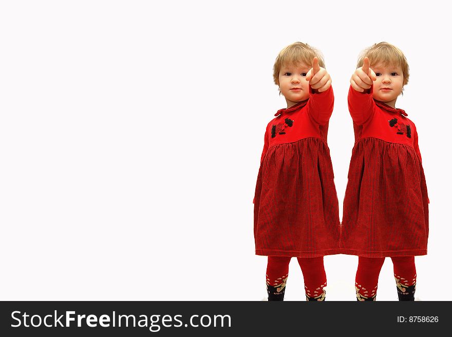 Two girls with the extended finger forward on a white background