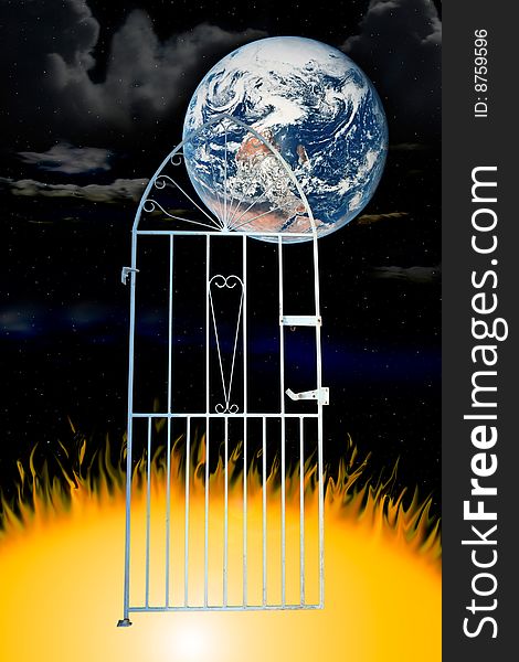 A white wrought iron gate against a galaxy background (with clipping path) depicting to hell and back