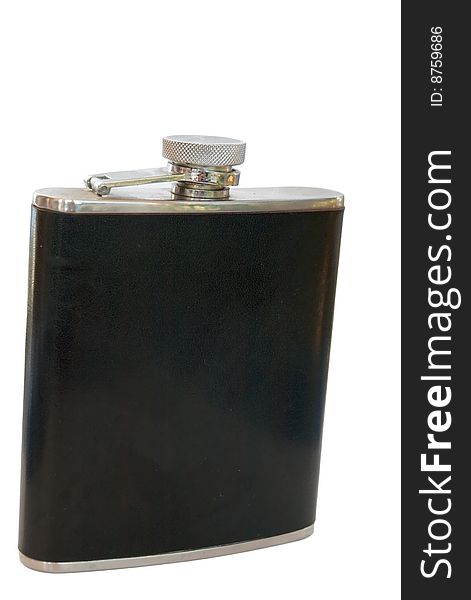 Leather covered hip flask on white