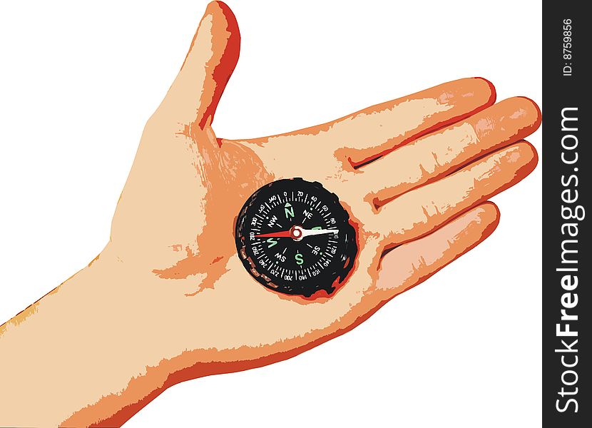 Hand with a compass against white background. Hand with a compass against white background