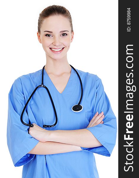 Portrait of young successful female surgeon with stethoscope - isolated