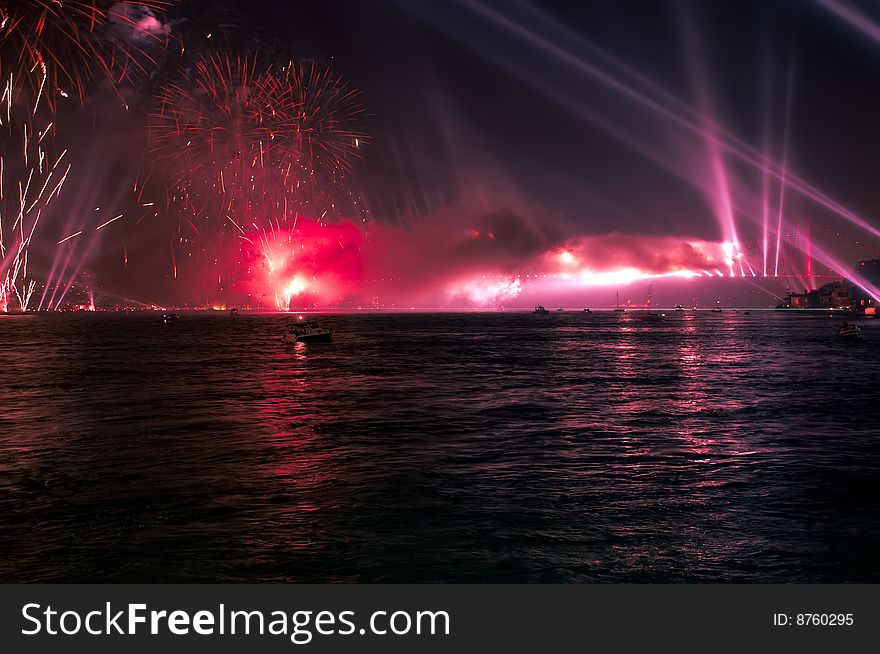 Firework And Light Show In Istanbul Bridge