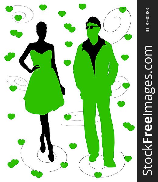 Valentine`s romantic couple with green hearts
