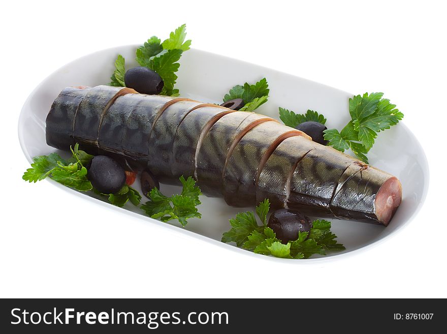 Close-up mackerel with olives on plate, isolated