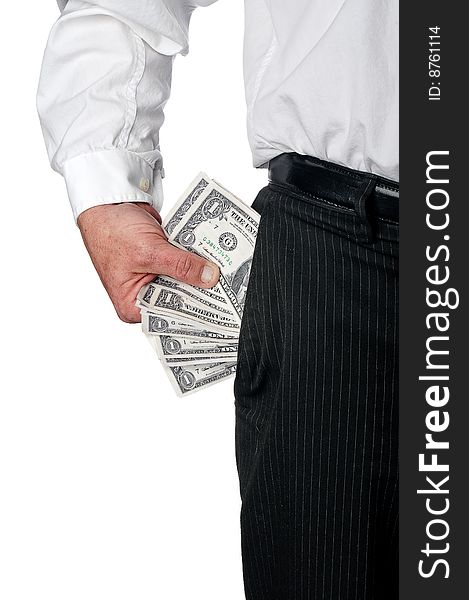 A vertical view of a business exective in pin striped pants with a pocket full of American cash1. A vertical view of a business exective in pin striped pants with a pocket full of American cash1