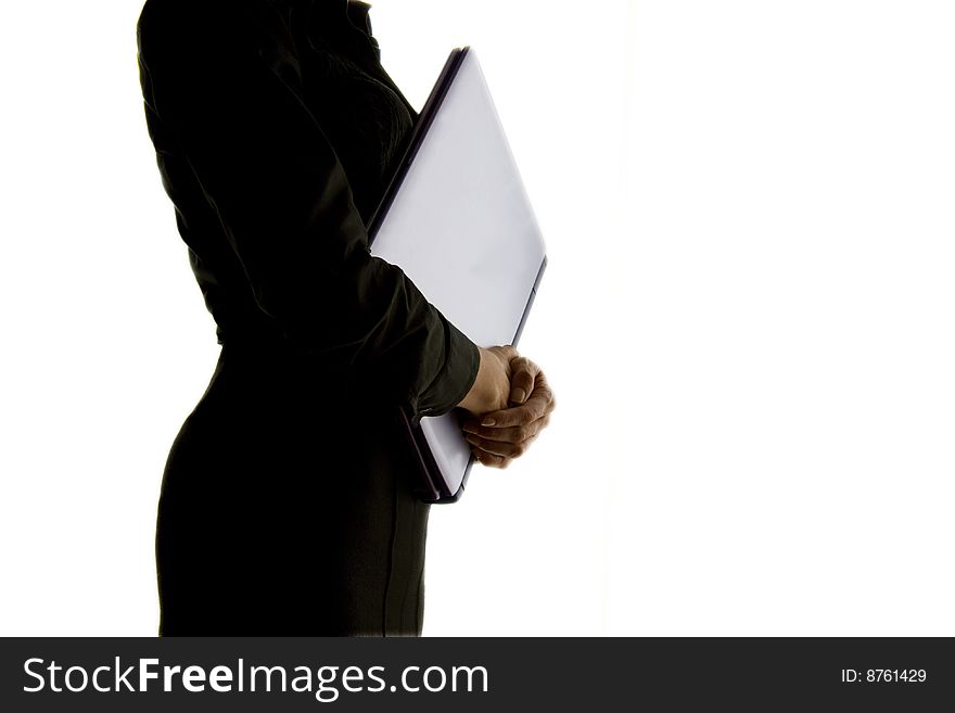 Business woman with laptop on white background. Business woman with laptop on white background