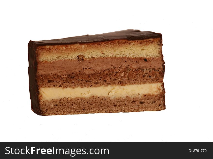 A piece of sweet cake, with chocolate