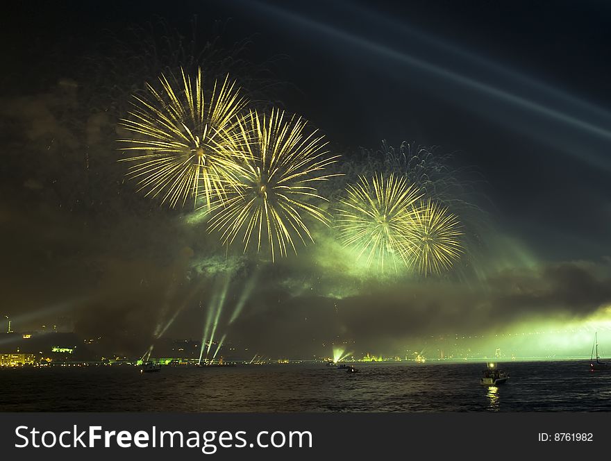 Firework And Light Show In Istanbul Bridge