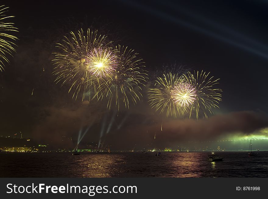 Firework And Light Show In Istanbul Bridge
