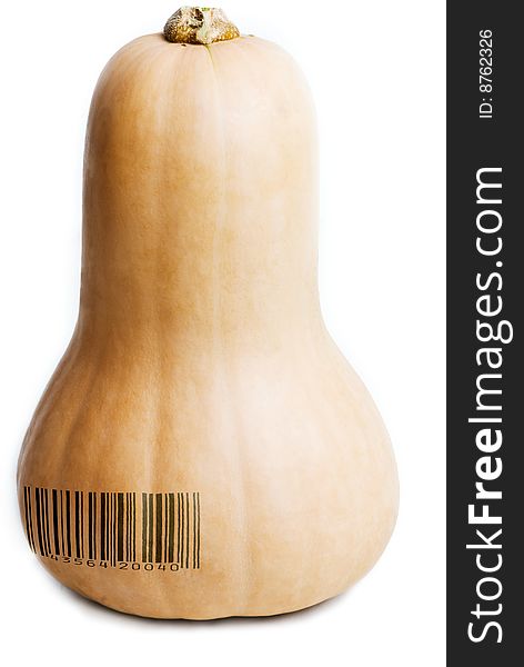 A single whole butternut pumpkin, isolated on white. A generic (not real) barcode printed on the Pumpkin.