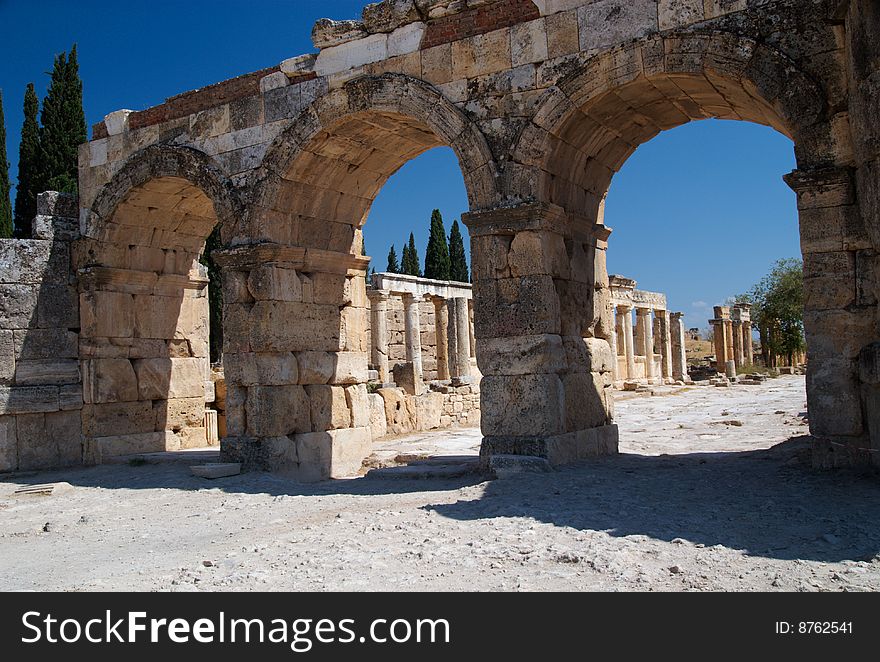 Northern Roman gate at  the edge of Hierapolis, an ancient Roman city built near the famous Pamukkale hot springs.