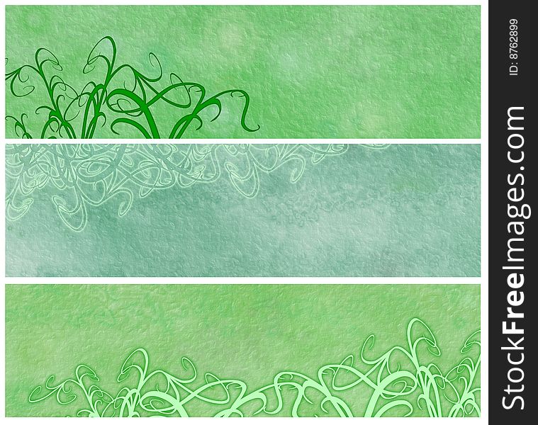 Banners or headers with some grassy swirl and green soft parchment background, grungy style. Banners or headers with some grassy swirl and green soft parchment background, grungy style.