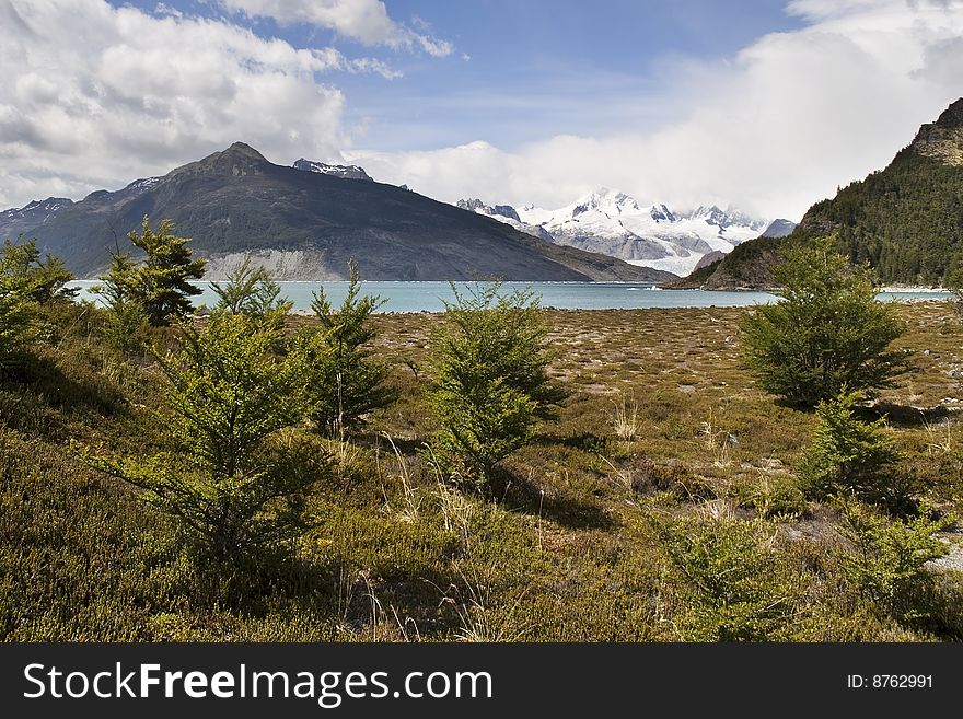 View of glacier and lake in Tierra del Fuego. View of glacier and lake in Tierra del Fuego