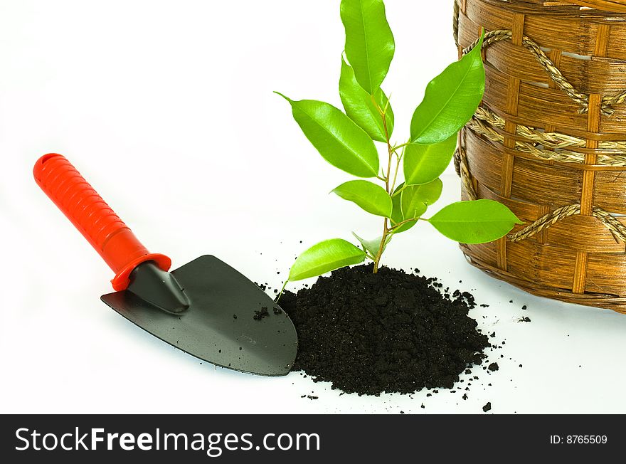 Stock photo: an image of a garden shovel, ground with plant and pot. Stock photo: an image of a garden shovel, ground with plant and pot