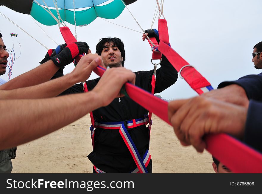 Buhamad Kites Team fly with parasail Kuwait beach in winter 2009. Buhamad Kites Team fly with parasail Kuwait beach in winter 2009