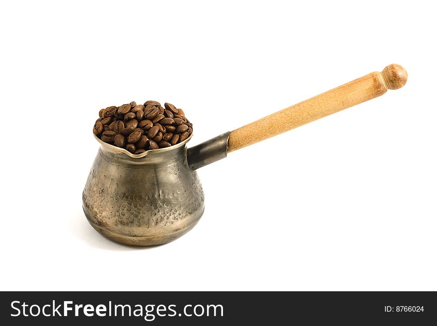 Coffee pot with wooden handle isolated on white