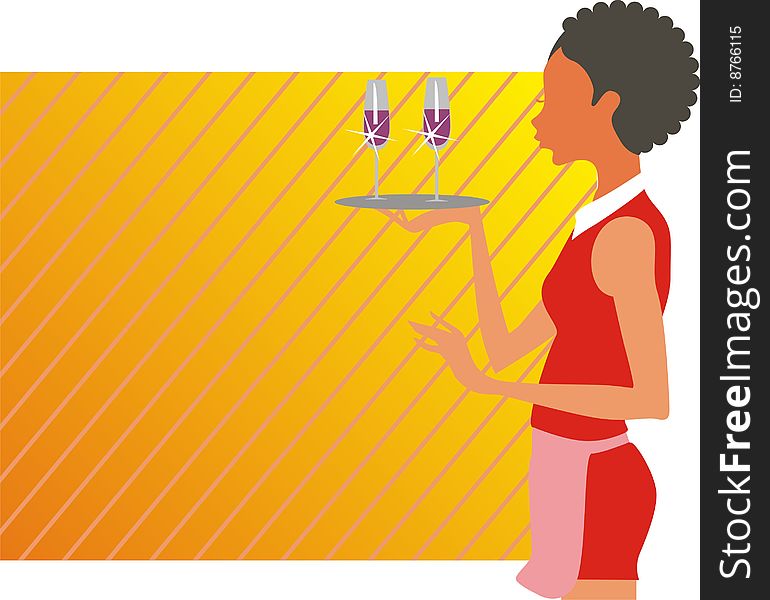 Girl waiter with two goblets red blame