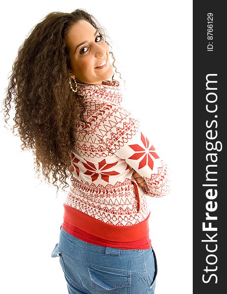 Fashionable woman looking from back with white background