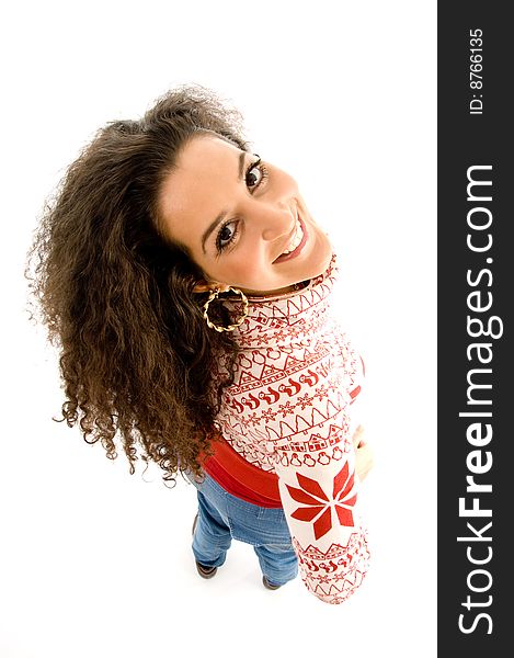 Latin american model looking upwards on an isolated background