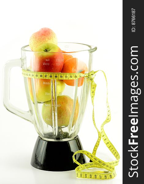 Fruits in mixer and tape, apple, peach