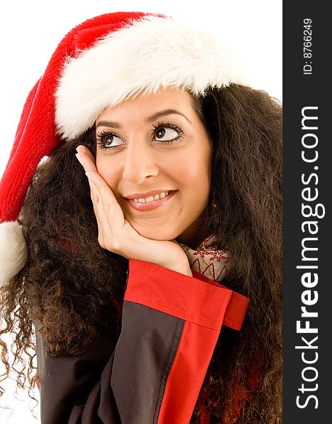 Fashionable woman wearing christmas hat on an isolated background