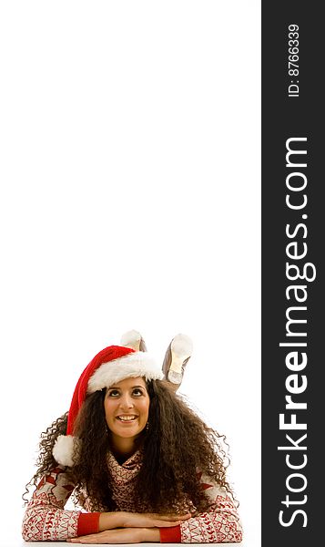 Model Wearing Christmas Hat And Looking At Camera