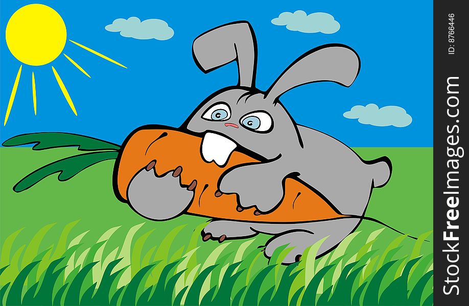Cute Bunny with carrot on blue background